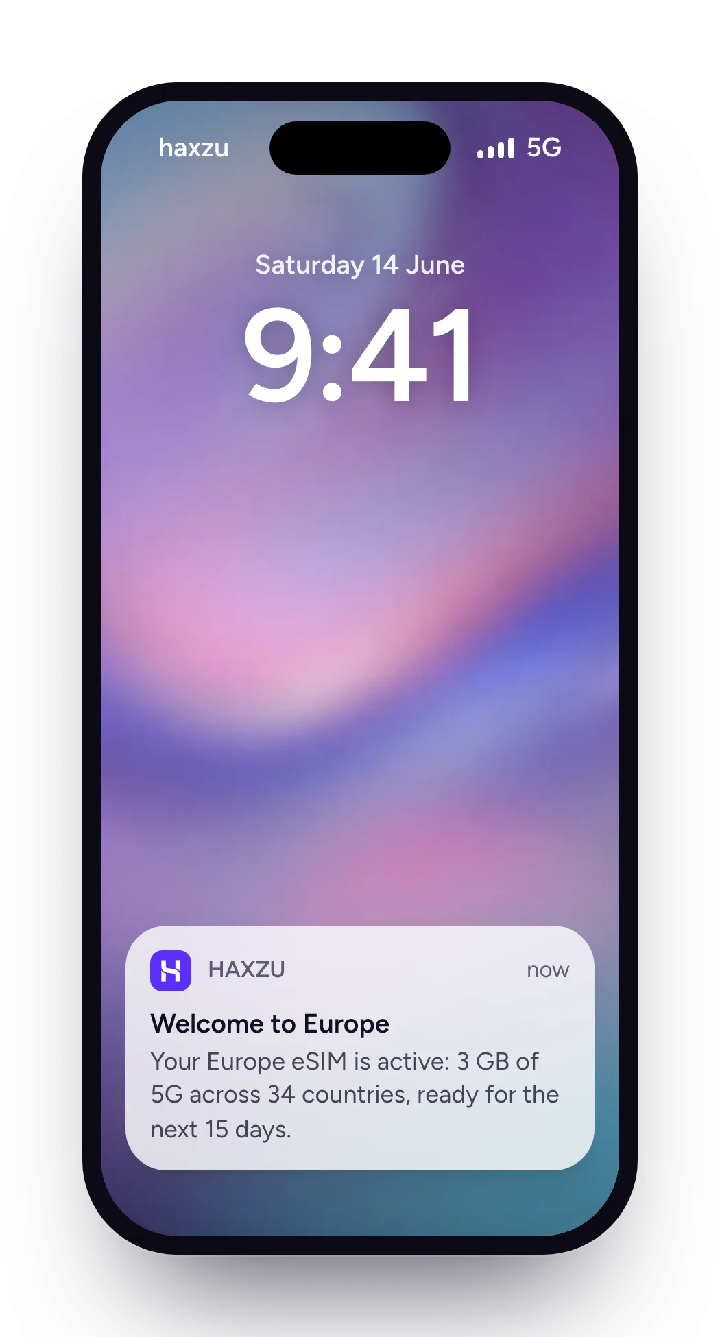 A phone showing haxzu as the carrier and a notification that the Europe eSIM is active